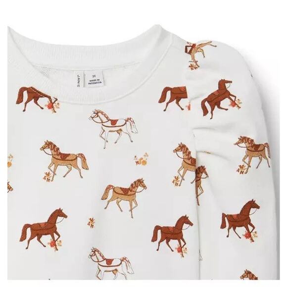 Janie And Jack Girls Horse Novelty Print Puff Sleeve Crewneck Sweatshirt 4 Ivory - Picture 2 of 9
